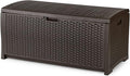 Suncast Outdoor Storage Box - 73 Gallon Mocha Brown Deck Box for Patio, Waterproof Outdoor Storage Bench, Resin Wicker Style, Heavy-Duty, Lockable Lid for Cushions, Shoes, Pool & Garden Gear by Suncast