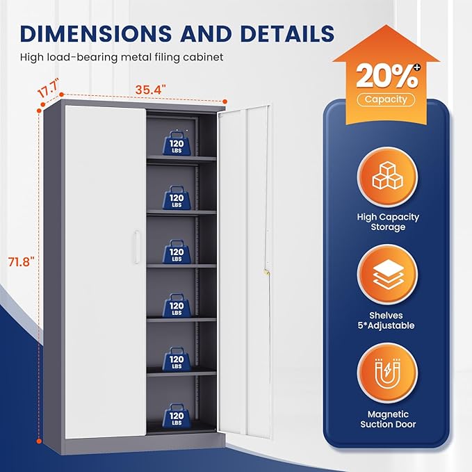 Yizosh Metal Storage Cabinet with 2 Locking Doors and 5 Adjustable Shelves, 72" Garage Storage Cabinet Steel Lockable for Office,Home,Garage - Image 3
