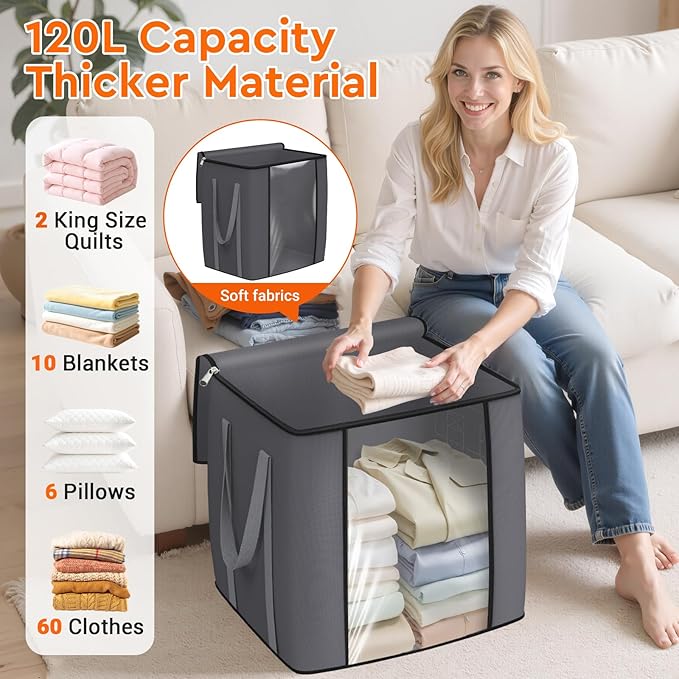 120L Extra Large Clothes Storage Bags, Foldable Blanket Storage and Organization - Image 3