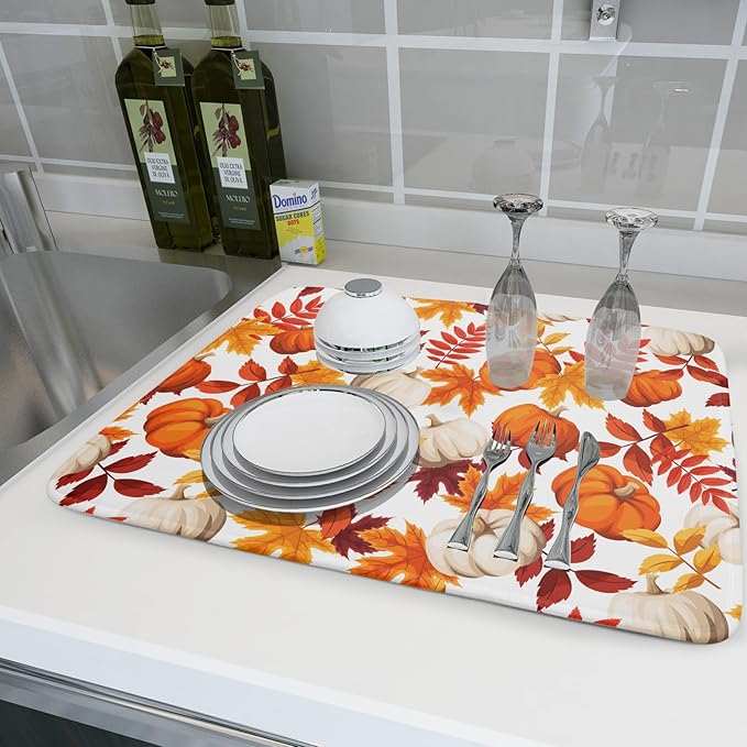 Fall Dish Drying Mat for Kitchen Counter Watercolor Pumpkins Autumn Leaves - Image 6