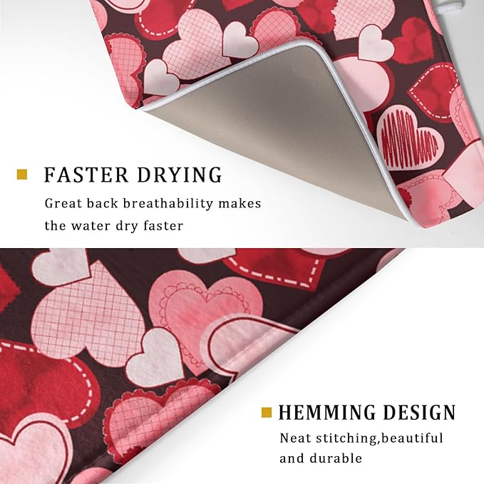Valentines Day Dish Drying Mat for Kitchen Pink Red Hearts Absorbent Reversible - Image 3
