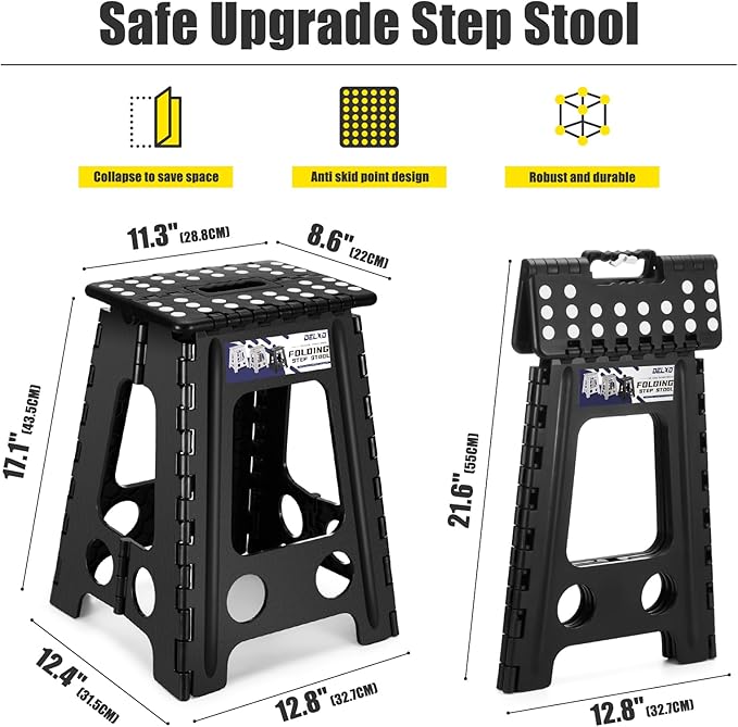 Delxo 17.5 Inch Folding Step Stool,Foldable Stool for Adults with Safety Lock,Portable Collapsible Plastic Step Stool,Non Slip Folding Stools for Kitchen Bathroom Bedroom Up to 400LBS,(Black 1PC) - Image 2
