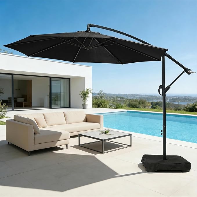 wikiwiki 10ft Patio Umbrella with Base Included, Outdoor Offset Cantilever Umbrella with Sandbag Base for Backyard, Garden and Pool, Easy to Tilt and Crank, Black - Image 9