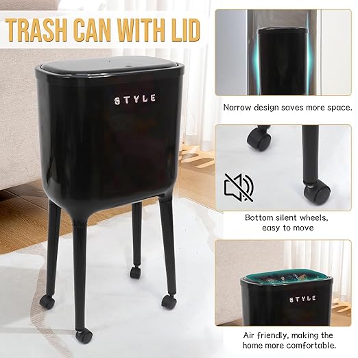 XPIY 4 Gallon Trash Can with Wheels and Lid, Modern Narrow Garbage Can with - Image 4