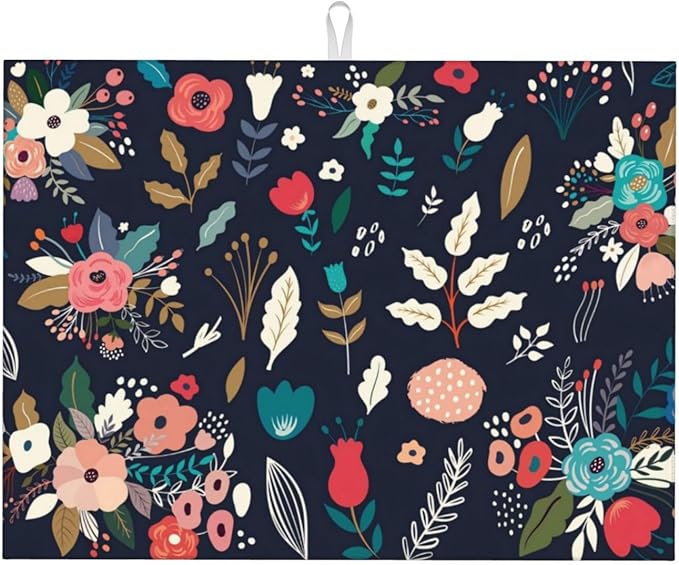Colorful Flowers Black Dish Drying Mat 18x24 by indokyeyqaz