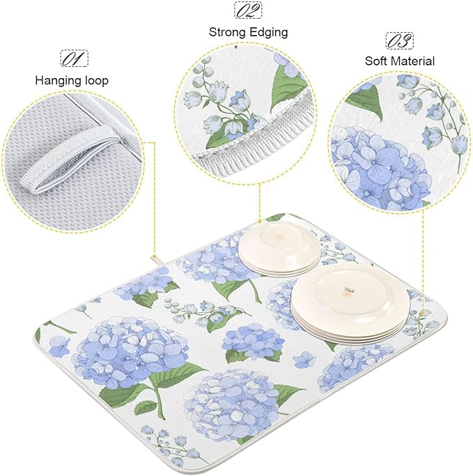 Blue Hydrangea Flowers Dish Drying Mat Super Absorbent Drying Mat Large Coffee - Image 4