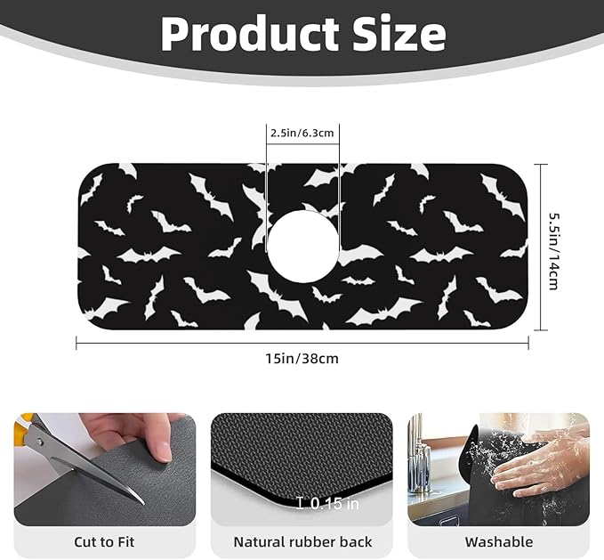 Halloween Cool Black Bat Kitchen Sink Splash Guard Faucet Mat Super Absorbent - Image 2