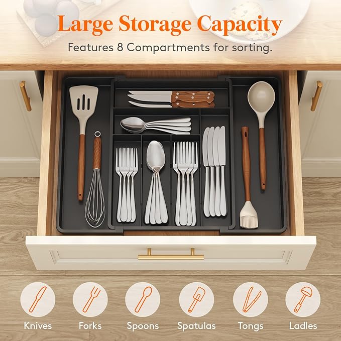 Lifewit Utensil Organizer for Kitchen Drawer, Expandable Cooking Silverware Tray - Image 3