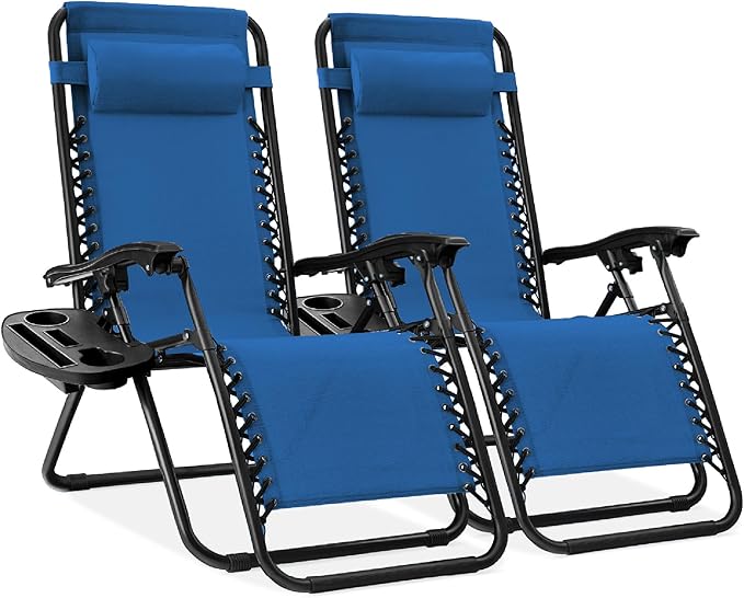 Best Choice Products Set of 2 Adjustable Steel Mesh Zero Gravity Lounge Chair Recliners w/Pillows and Cup Holder Trays - Marine Blue/Black by BestChoiceProducts
