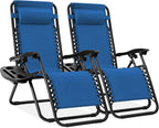 Best Choice Products Set of 2 Adjustable Steel Mesh Zero Gravity Lounge Chair Recliners w/Pillows and Cup Holder Trays - Marine Blue/Black by BestChoiceProducts