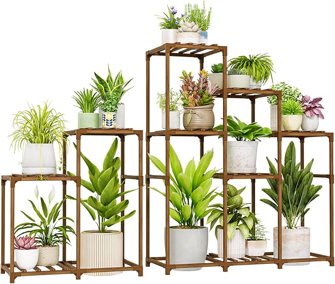 Bamworld 2 Sets Plant Stands Indoor Tall Shelves Outdoor for Multiple Flowers 10 Pots Wooden Rack for Living Room Balcony Garden by Bamworld