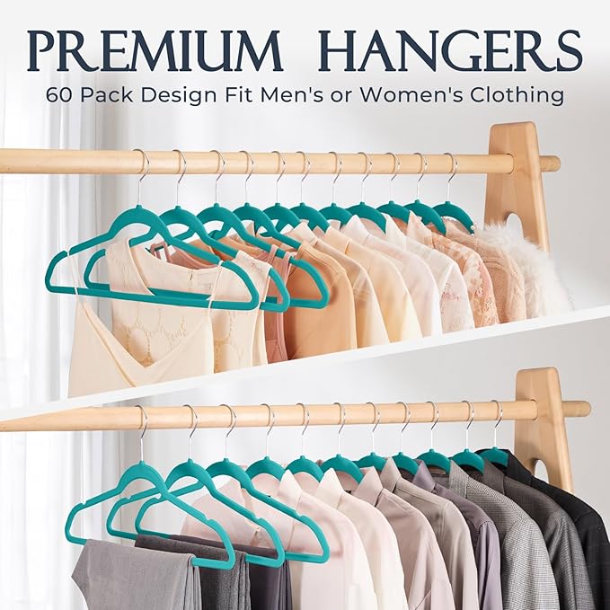 HOUSE DAY Mint Green Velvet Hangers 60 Pack, Non Slip Clothes Felt Hanger Heavy - Image 8