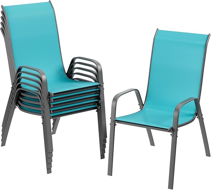 TLSUNNY Patio Chairs, Stackable Textilene Outdoor Dining Furniture for All Weather, with 17.7″ Wide Seat & Metal Frame, for Garden, Backyard, Deck, Restaurant, Poolside (6, Turquoise Blue, 24.6″) by TLSUNNY