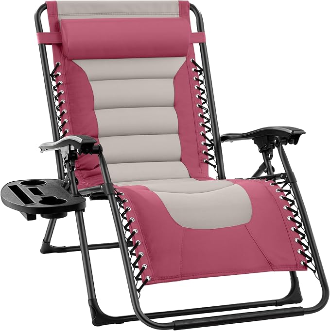 Best Choice Products Oversized Padded Zero Gravity Chair, Folding Outdoor Patio Recliner, XL Anti Gravity Lounger for Backyard w/Headrest, Cup Holder, Side Tray, Polyester Mesh - Pink/Taupe by BestChoiceProducts