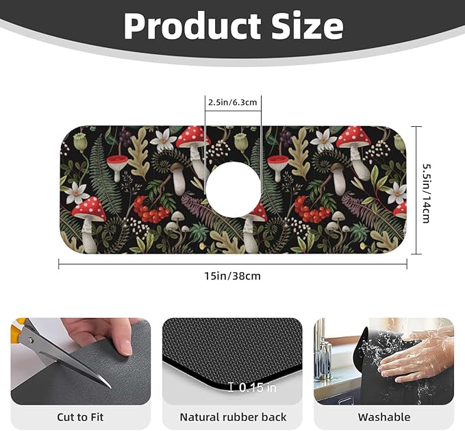 Forest Mushroom Mushrooms Leaves Flowers Kitchen Sink Splash Guard Faucet Mat - Image 2