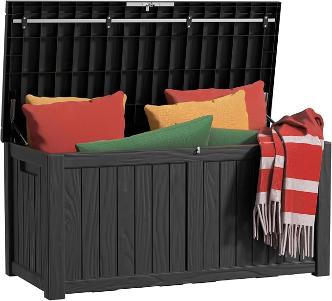 EasyUp 150 Gallon Outdoor Storage Box, Resin Waterproof UV-Resistant Deck Box with Hydraulic Lid Support, Reinforced Stability for Patio, Garden, and Poolside, Black by EASYUP
