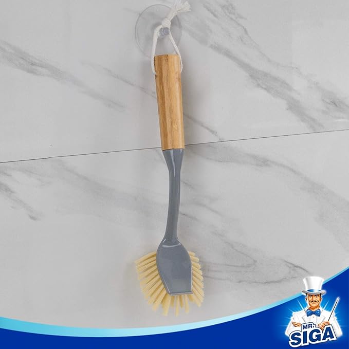 MR.SIGA Dish Brush with Long Bamboo Handle Built-in Scraper, Scrub Brush - Image 6