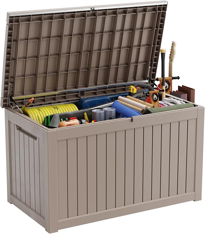 ROJIK Outdoor Storage Housing Deck Box - Waterproof Patio Furniture, Garden Tools, Cushions, Pool Accessories Storage Bench with Lockable Lid and Side Handles (Grey, 275 Gal) by ROJIK