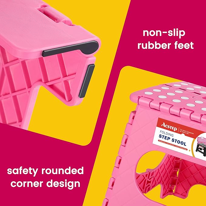 ACSTEP Folding Step Stool for Adults-11 Height Lightweight Plastic Stepping Stool. Foldable Step Stool Hold up to 300lbs Non Slip Collapsible Stool Pink - Image 3