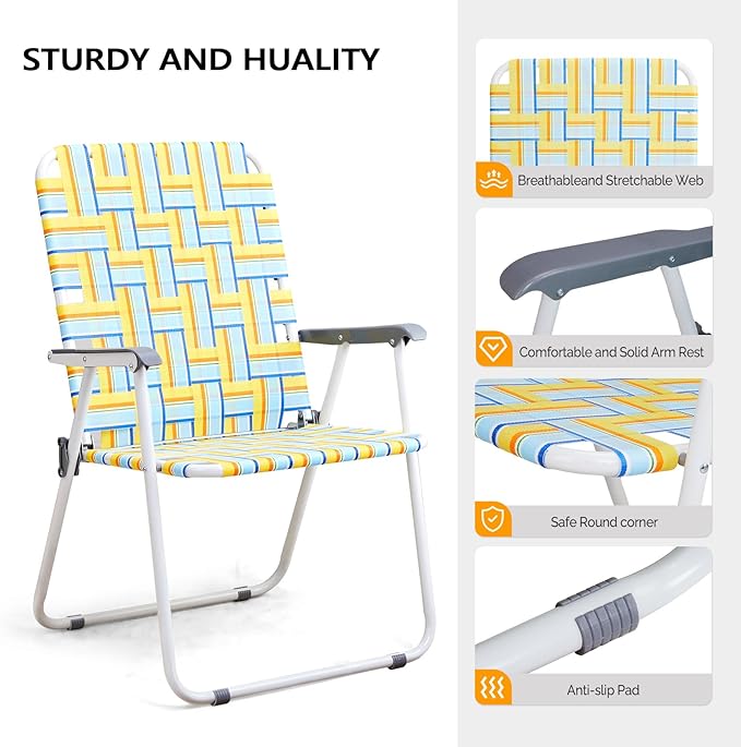 VINGLI Patio Lawn Webbed Folding Chairs Outdoor Beach Portable Camping Chair for Yard, Garden (2, Yellow, Oversized) - Image 4