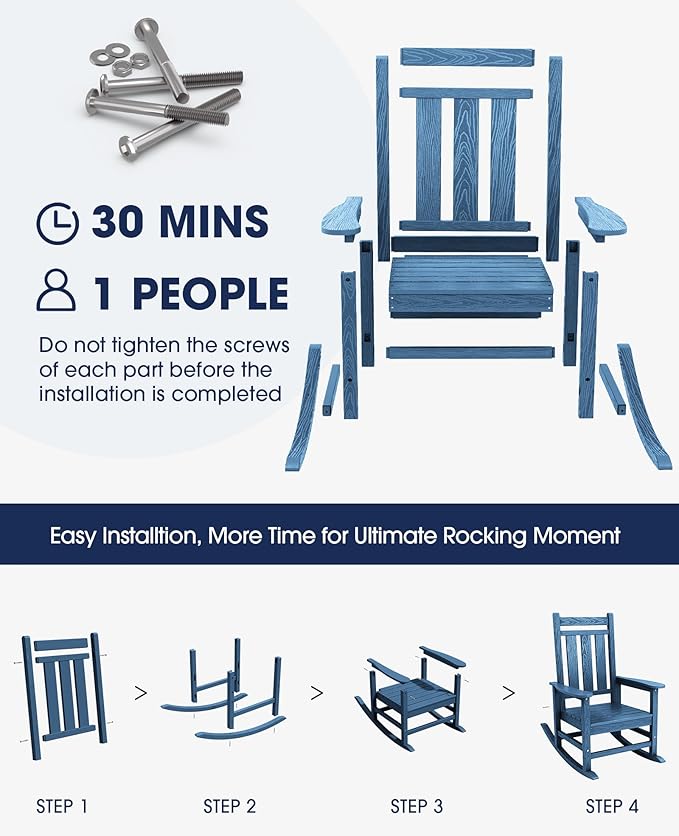 KINGYES Oversized Outdoor Rocking Chair Set of 8, All-Weather Patio Rocking Chairs for Porch, HDPE Outdoor Patio Rockers with High Back & Wide Seat for Garden, Lawn, Blue - Image 6