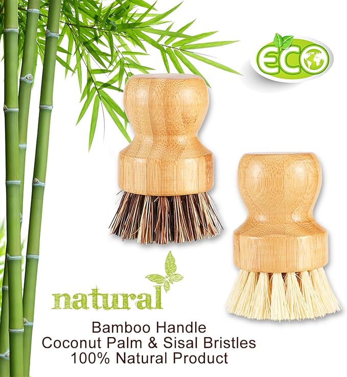 Bamboo Brush Dish Scrubber Clean Pan and Vegetable, Natural Bristles Palm Pot - Image 7