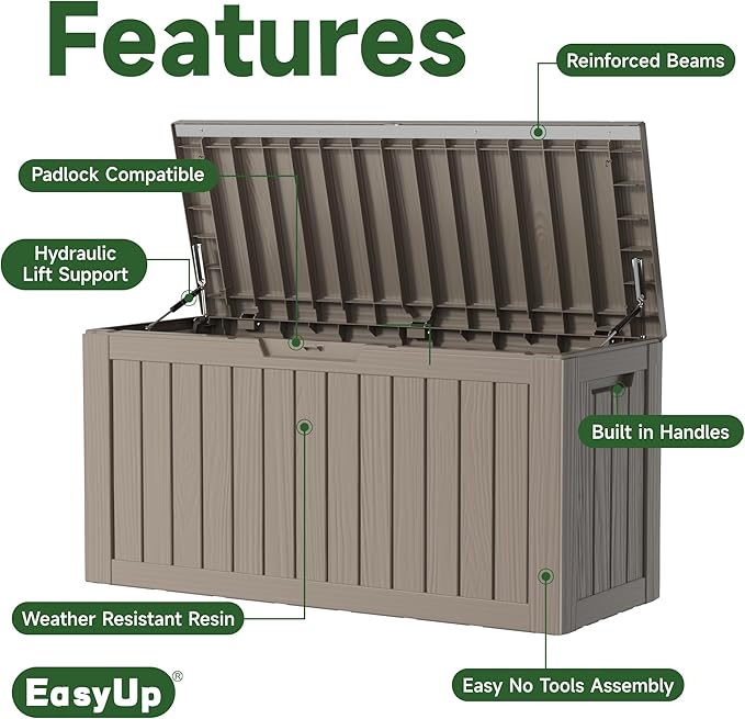 EasyUp 80 Gallon Resin Deck Box Storage Outdoor Waterproof Boxes Lockable UV Resistant Container for Patio Furniture Cushions Pool Supplies Garden Tool, Equipment Outside Storage Delivery, Gray - Image 6