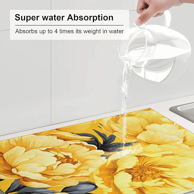 Yellow Peony Dish Drying Mats for Kitchen Counter, Absorbent Reversible - Image 5