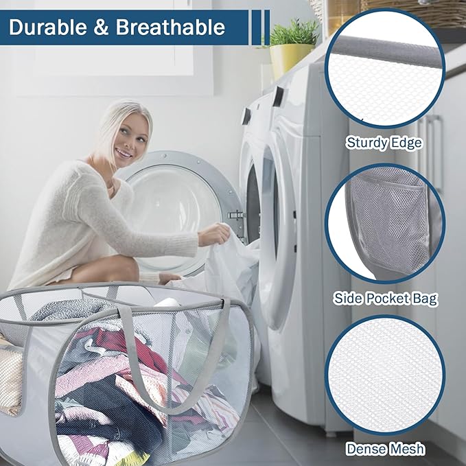 4 Pack Collapsible Laundry Baskets Dual Compartment, Mesh Pop Up Hamper - Image 8