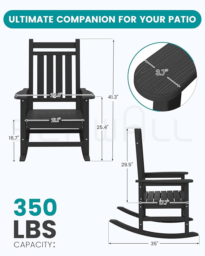 SERWALL HDPE Outdoor Rocking Chair Set of 6, Patio Rocking Chairs for Adults, All Weather Outdoor Rockers for Lawn, Black - Image 3