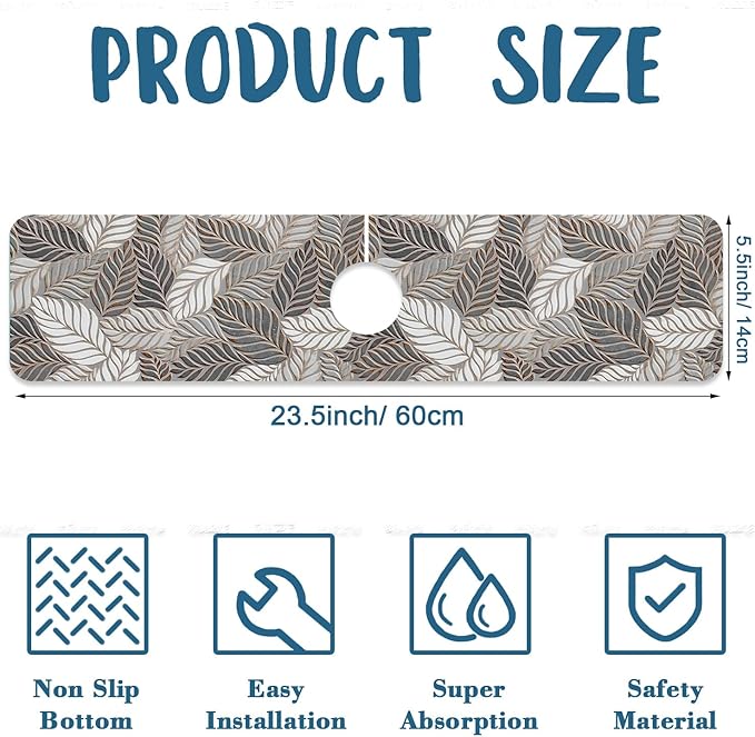 Embossed Leaf Texture Sink Faucet Absorbing Mat Grey Leaf Super Absorbent Fast - Image 2