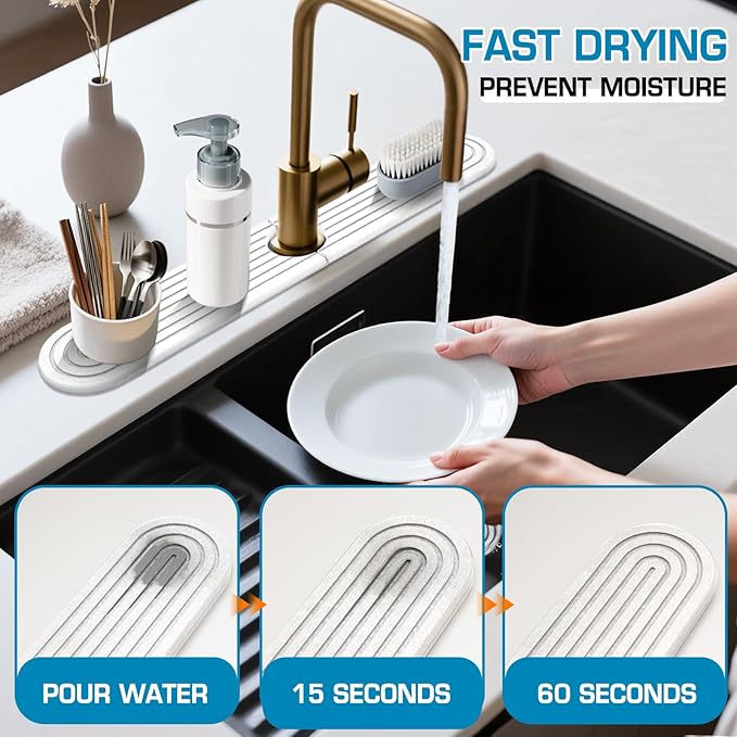 White-Oval 23.6" Diatomite Kitchen Faucet Mat Stone Sink Tray – Quick Drying - Image 3