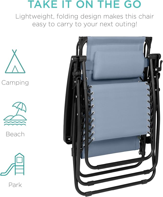 Best Choice Products Folding Zero Gravity Outdoor Recliner Patio Lounge Chair w/Adjustable Canopy Shade, Headrest, Side Accessory Tray, Textilene Mesh - Dusty Blue - Image 7