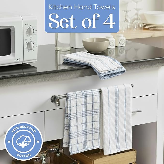 MosJos Kitchen Towels Set of 4 Dish Towels Blue n White Waffle Weave Cotton - Image 2