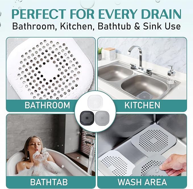 Silicone Square Drain Hair Catcher – 4-in-1 Set Shower Drain Strainer Covers - Image 4