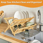 Bamboo Dish Drying Rack, Collapsible 2-Tier Dish Drainer Kitchen Plate Rack - Image 4