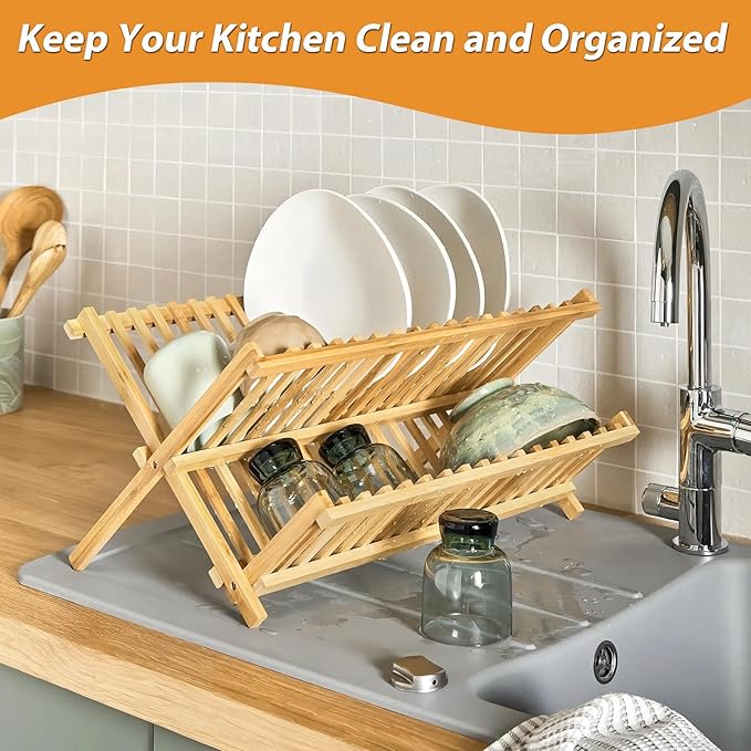 Bamboo Dish Drying Rack, Collapsible 2-Tier Dish Drainer Kitchen Plate Rack - Image 4
