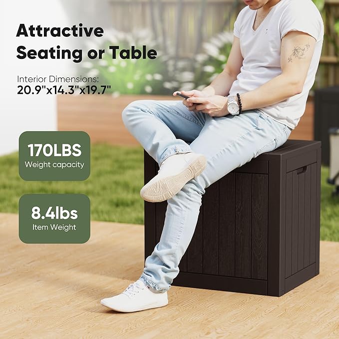 NEWBULIG 31 Gallon Outdoor Storage Box, Waterproof Deck Box with Lockable Lid, Patio Furniture Bench & Side Table, Easy Assembly, for Garden, Pool, Patio & Backyard Organization, Brown - Image 3