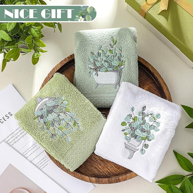 3 Pcs Eucalyptus Hand Towels Farmhouse Embroidered Botanical Bathroom Decor - Image 6
