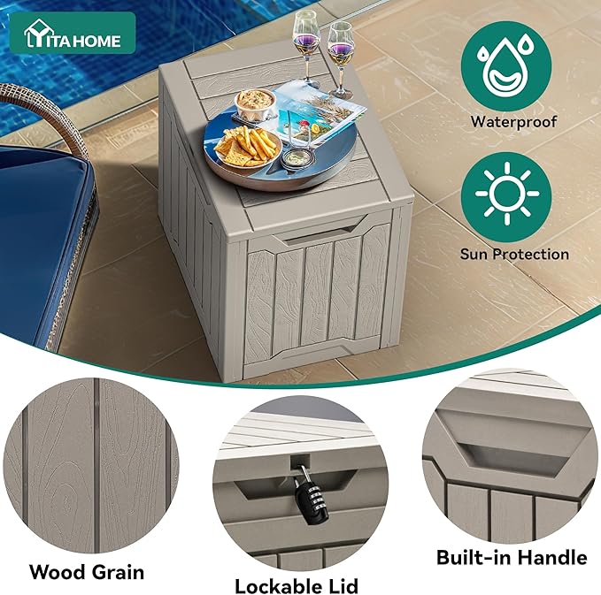 YITAHOME 31 Gallon Outdoor Storage Box, Resin Deck Box and Waterproof Package Delivery Box for Gardening Tools, Pool Supplies, Patio Furniture, Lockable, Taupe - Image 2
