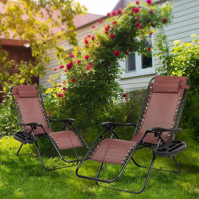 Nazhura Set of 2 Relaxing Recliners Patio Chairs Adjustable Steel Mesh Zero Gravity Lounge Chair Beach Chairs with Pillow and Cup Holder Khaki (Brown) - Image 2