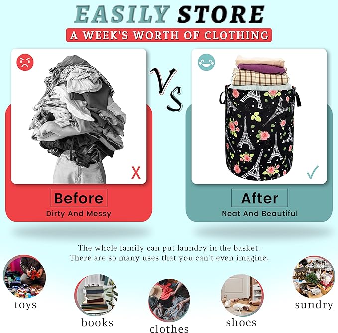 Retro Eiffel Tower Laundry Hamper Rose Flower Colorful Laundry Basket - Image 3