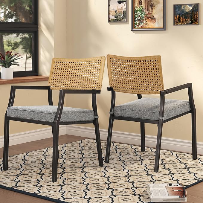 Grand Patio Outdoor Dining Chair Set of 2, 2-Piece Stackable Wicker Chairs with Cushions and Armrest for Restaurant, Garden, Porch, Lawn and Poolside - Image 8