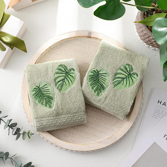 2 Pcs Tropical Palm Leaves Hand Towels Gray Green Bathroom Decor 14x29 Inch - Image 2