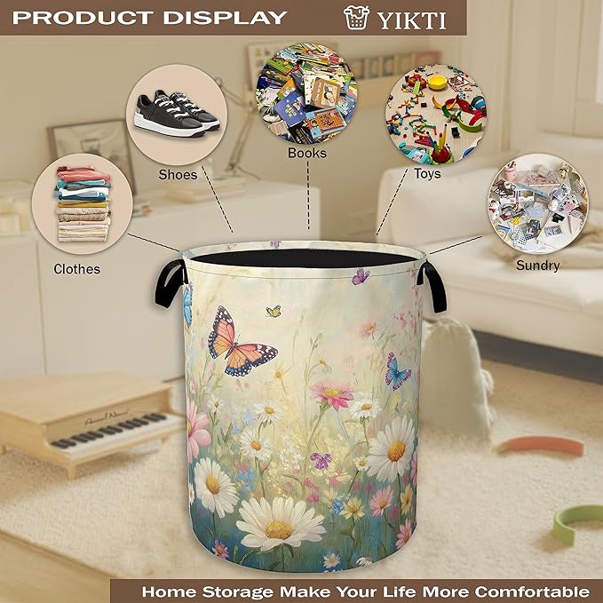 Spring Flowers Laundry Hamper, Watercolor Garden Wildflower Butterfly - Image 4