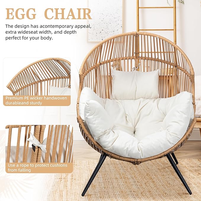 Vongrasig Wicker Egg Chair PE Rattan Chair with Cushion, Oversized Patio Lounge Chair for Outdoor, Indoor, Balcony, Backyard, Garden, Living Room, Beige - Image 4