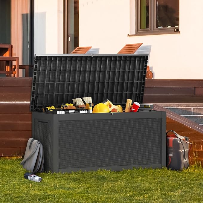ROJIK Outdoor Storage Housing Deck Box - Waterproof Patio Furniture, Garden Tools, Cushions, Pool Accessories Storage Bench with Lockable Lid and Side Handles (Black, 315 Gal) - Image 6