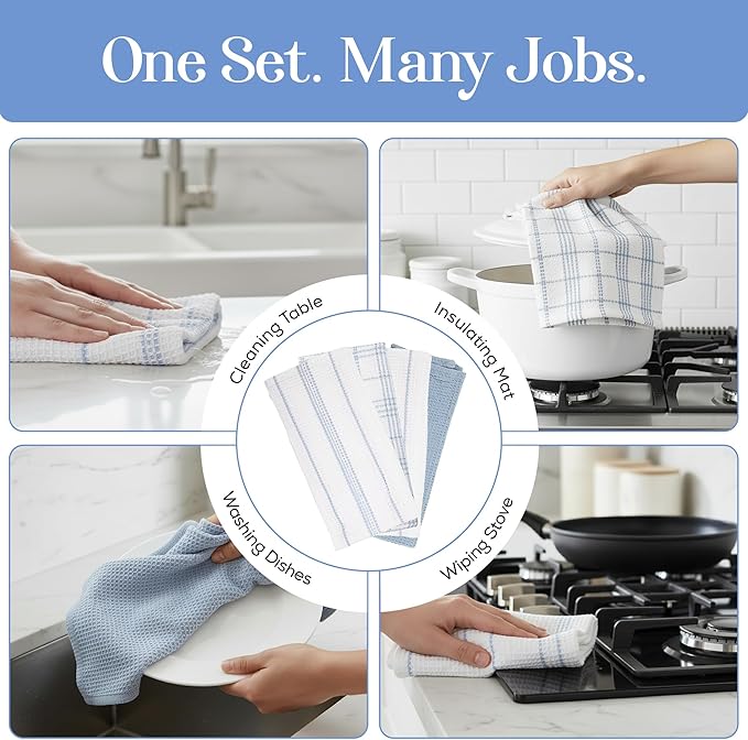 MosJos Kitchen Towels Set of 4 Dish Towels Blue n White Waffle Weave Cotton - Image 7
