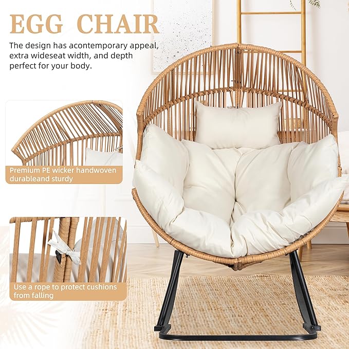 Vongrasig Wicker Rocking Egg Chair PE Rattan with Cushion, Oversized Patio Lounge Rocker Chair for Outdoor, Indoor, Livingroom, Backyard, Garden (Beige) - Image 4