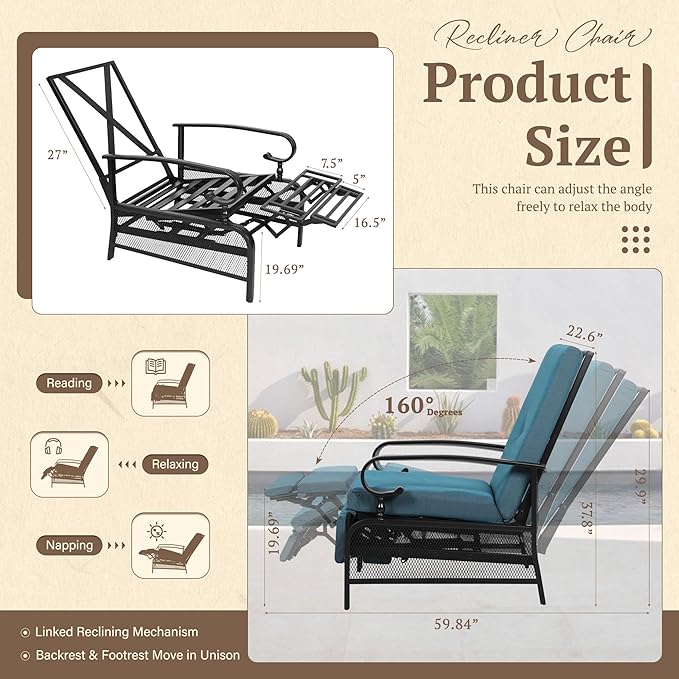 Oakcloud Adjustable Outdoor Lounge Chair Metal Patio Relaxing Recliner Chair with Removable Cushions(Peacock Blue) - Image 3